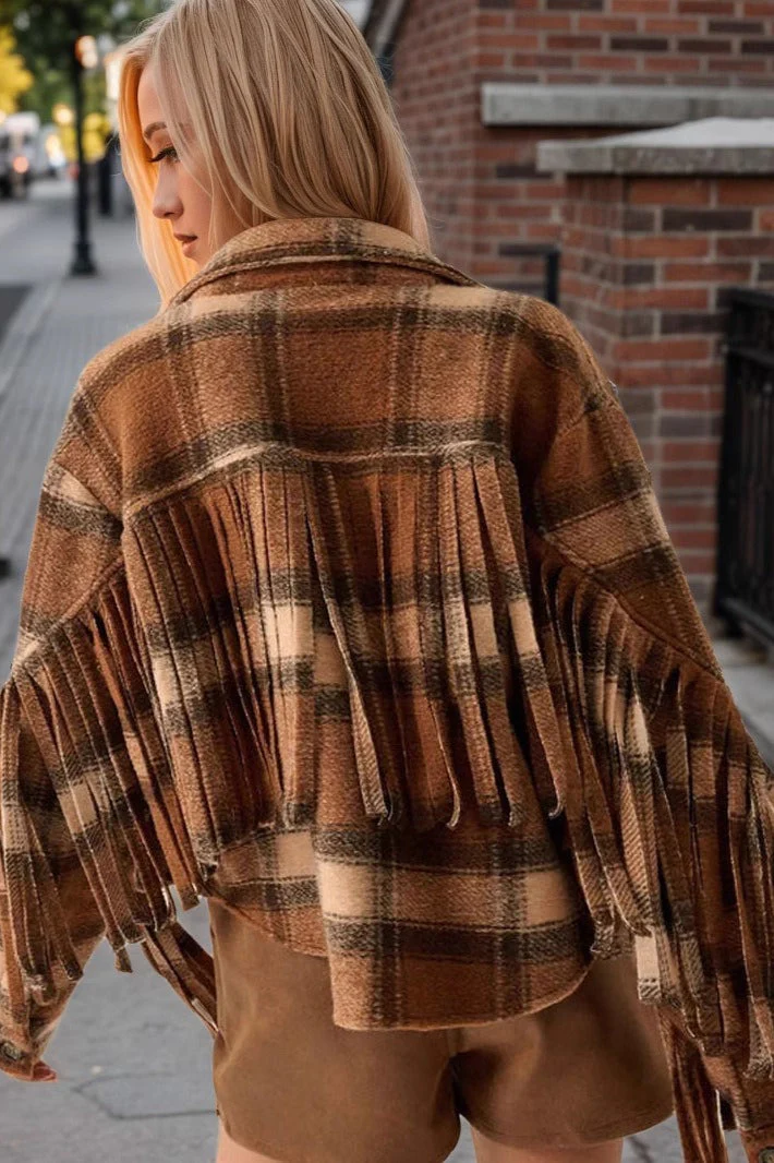 Plaid Side-Fringe Wool Short Coat - Image 3