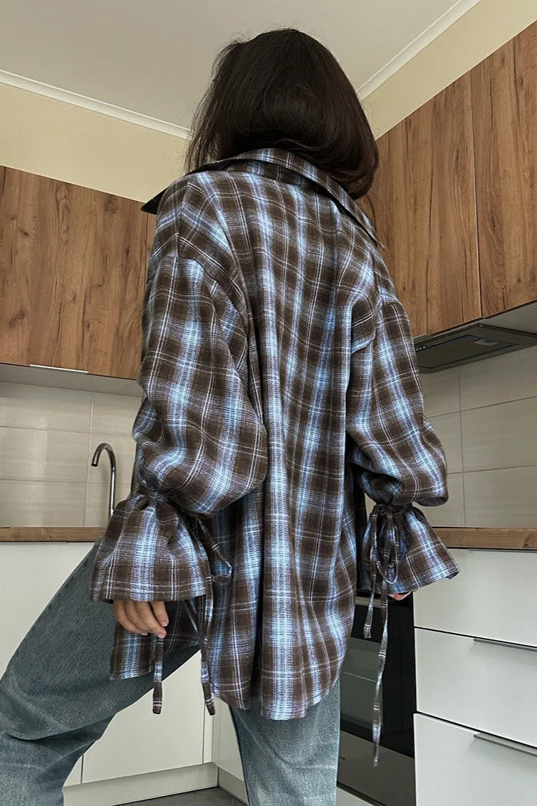 Plaid Tie Waist Long Sleeve Blouse - Image 2