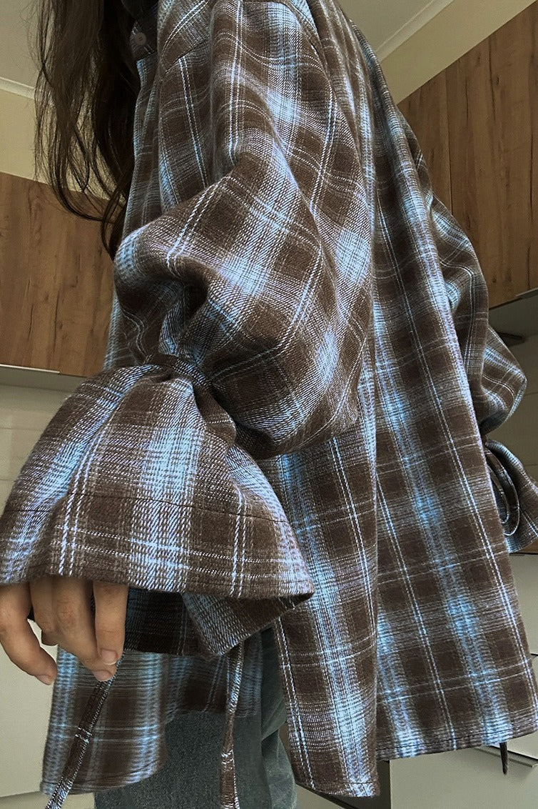 Plaid Tie Waist Long Sleeve Blouse - Image 3
