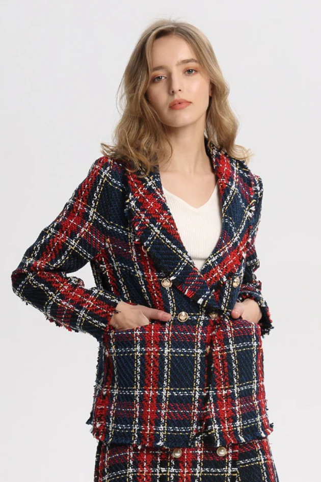 Plaid Tweed Multi-Button Chic Blazer Blazer - Image 2