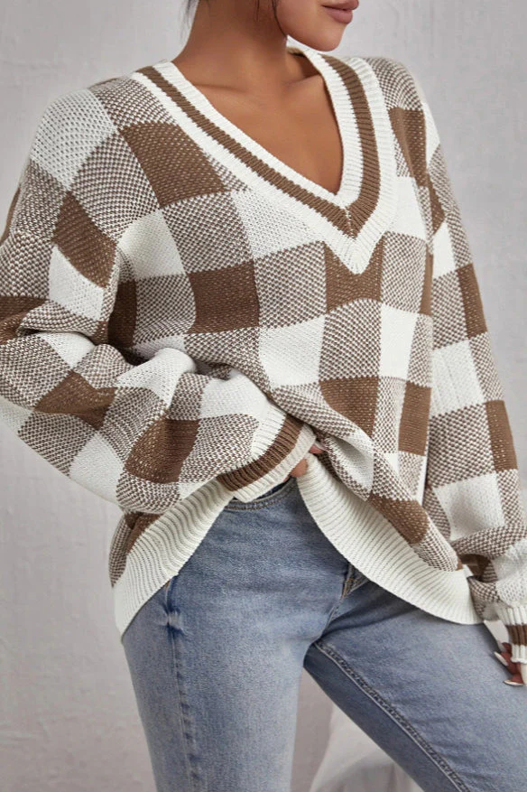 Plaid V-Neck Loose Long Sleeve Knit Sweater - Image 2