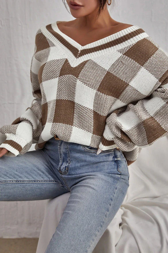 Plaid V-Neck Loose Long Sleeve Knit Sweater - Image 3