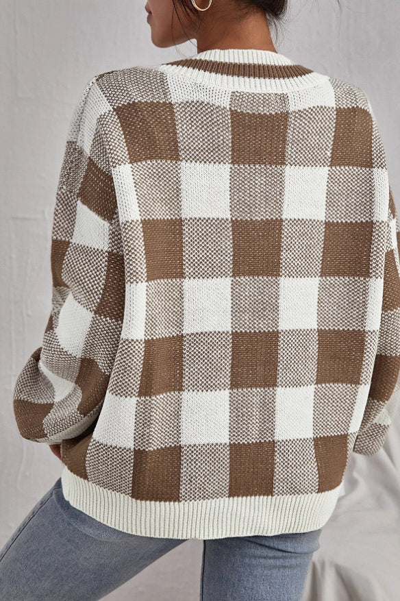 Plaid V-Neck Loose Long Sleeve Knit Sweater - Image 4