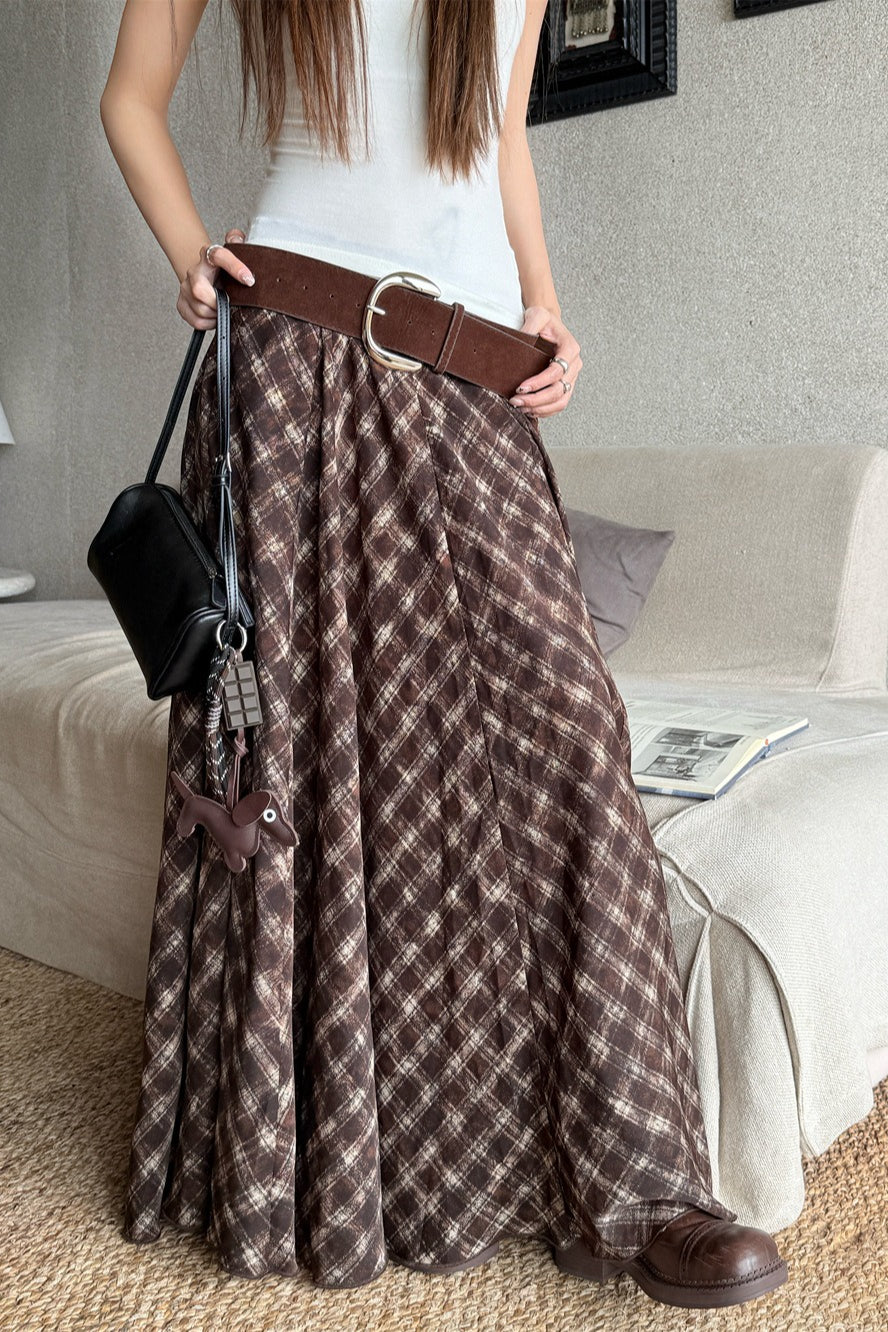 Plaid Vintage Earthy Tones High Waist Flowy Midi Skirt - Image 2