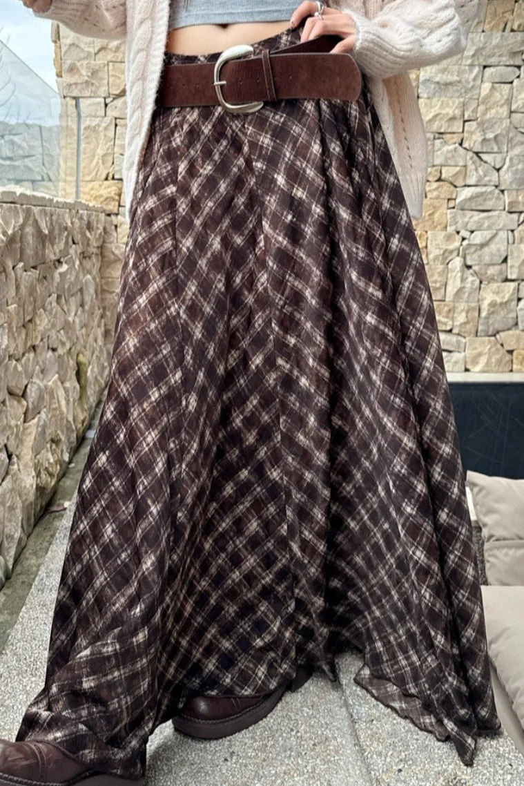 Plaid Vintage Earthy Tones High Waist Flowy Midi Skirt - Image 3