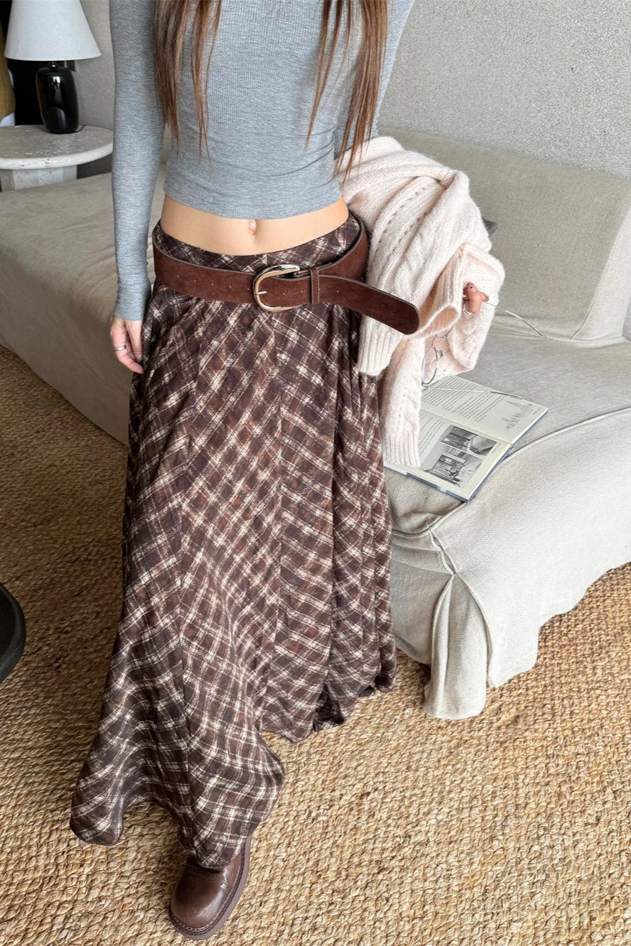 Plaid Vintage Earthy Tones High Waist Flowy Midi Skirt - Image 4