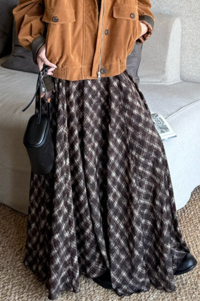 Plaid Vintage Earthy Tones High Waist Flowy Midi Skirt - Image 5