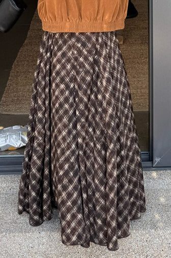 Plaid Vintage Earthy Tones High Waist Flowy Midi Skirt - Image 6