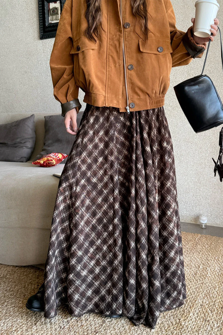 Plaid Vintage Earthy Tones High Waist Flowy Midi Skirt - Image 7