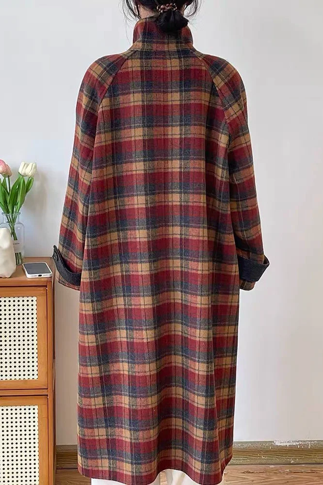 Plaid Wool Blend Stand Collar Mid-Length Overcoat - Image 3