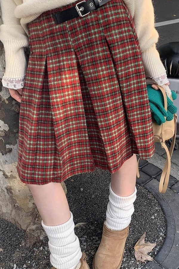 Plaid Wool Pleated Skirt - Image 3