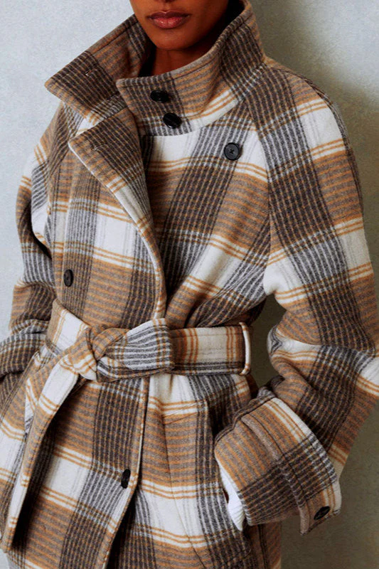 Plaid Woolen Color Blocking Cinched Overcoat - Image 2