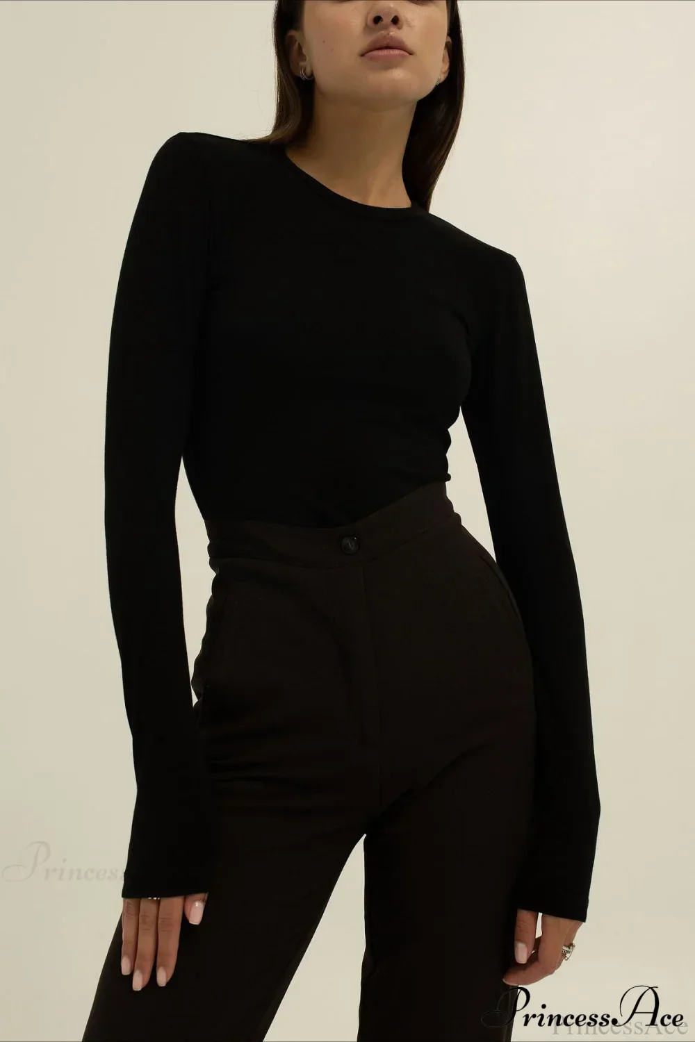Plain Classic Solid Crew Slim Slim Crew Neck Long Sleeve Tee - Image 2