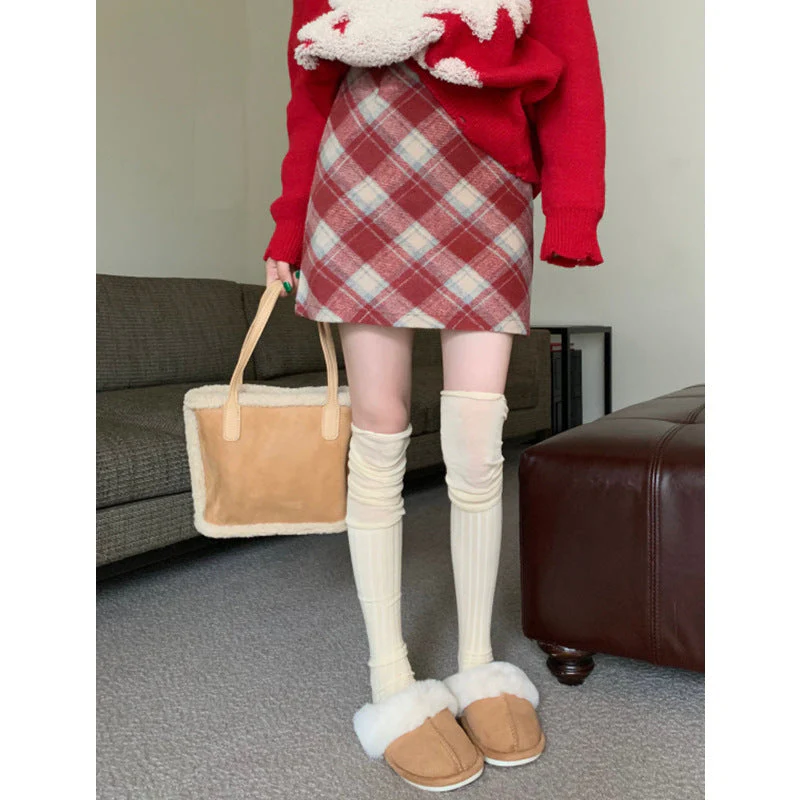 Plus Size Wool Plaid High Waist Skirt