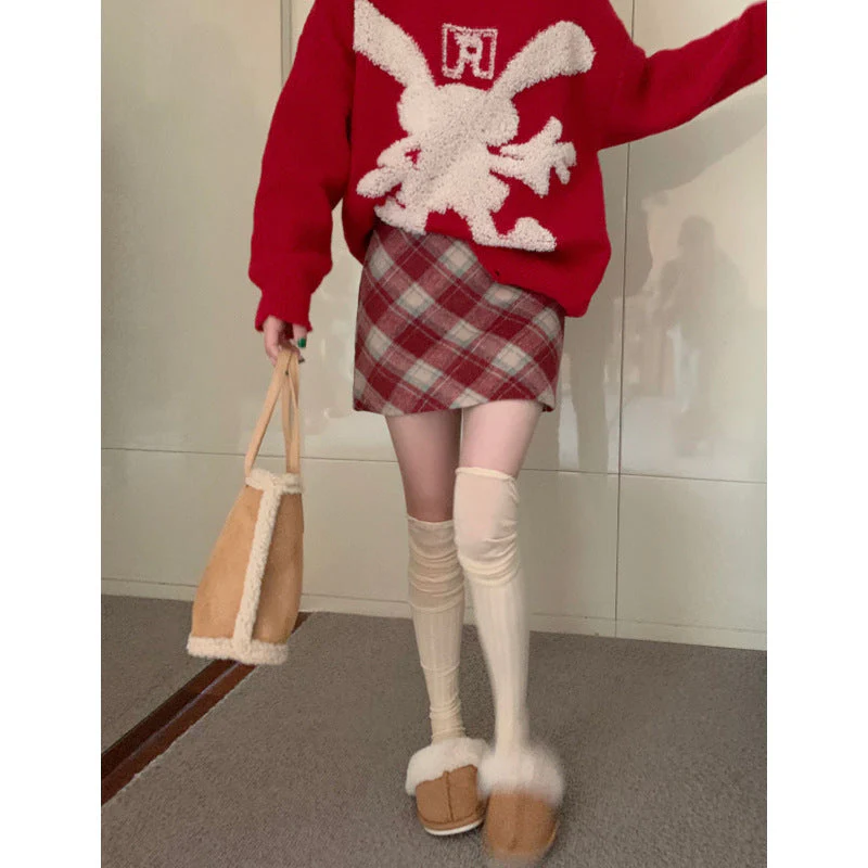 Plus Size Wool Plaid High Waist Skirt - Image 3
