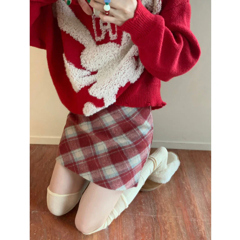 Plus Size Wool Plaid High Waist Skirt - Image 6