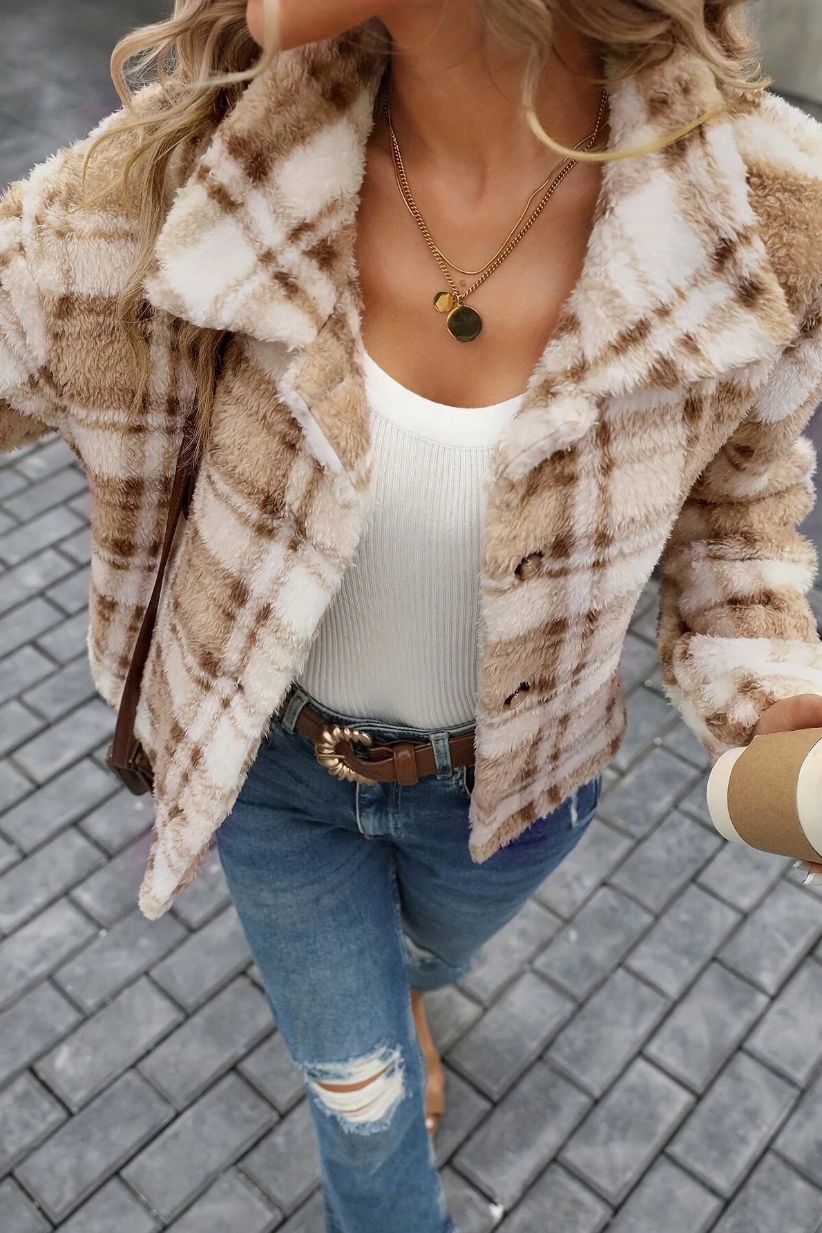 Plush Double Sided Plaid Button Cardigan Coat - Image 3