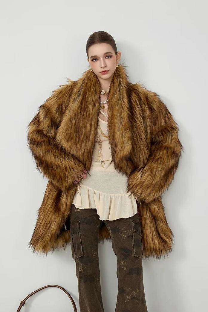 Plush Faux Animal Fur Loose Warm Mid-Length Notch Collar Coat - Image 3