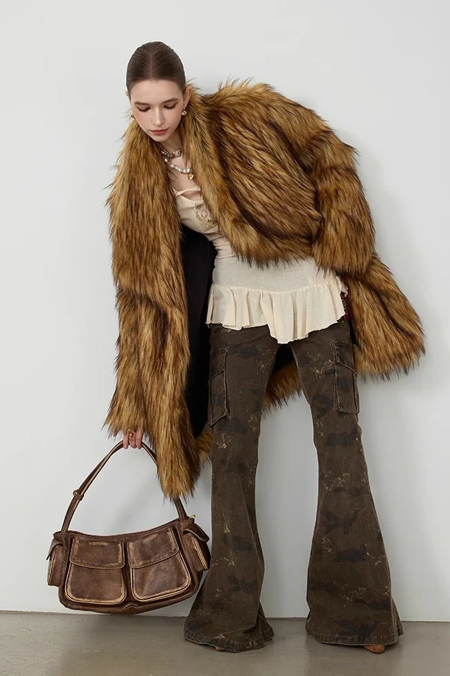 Plush Faux Animal Fur Loose Warm Mid-Length Notch Collar Coat - Image 4