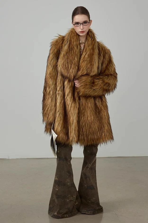 Plush Faux Animal Fur Loose Warm Mid-Length Notch Collar Coat - Image 5
