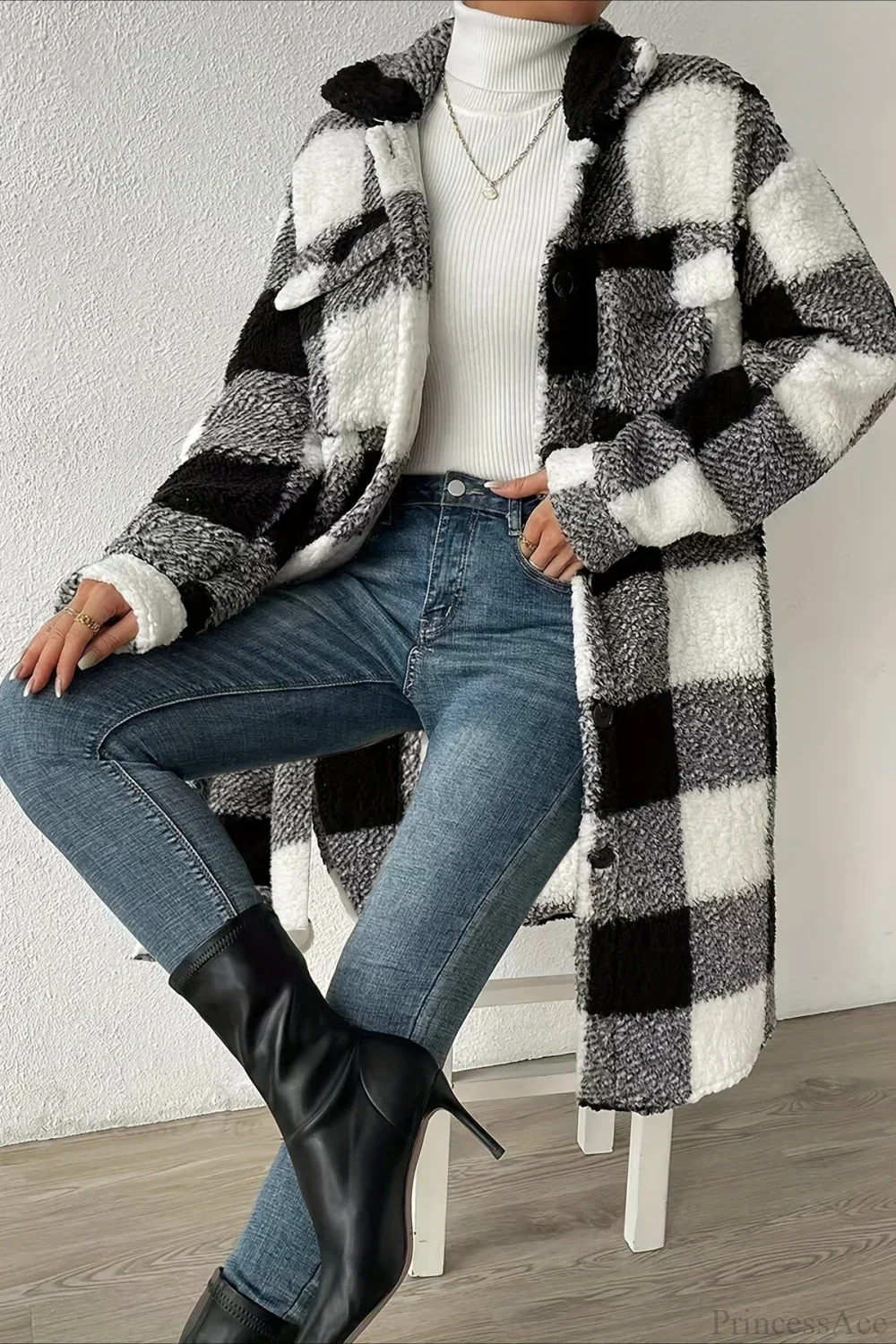 Plush Plaid Button Front Wide Lapel Relaxed Overcoat - Image 2