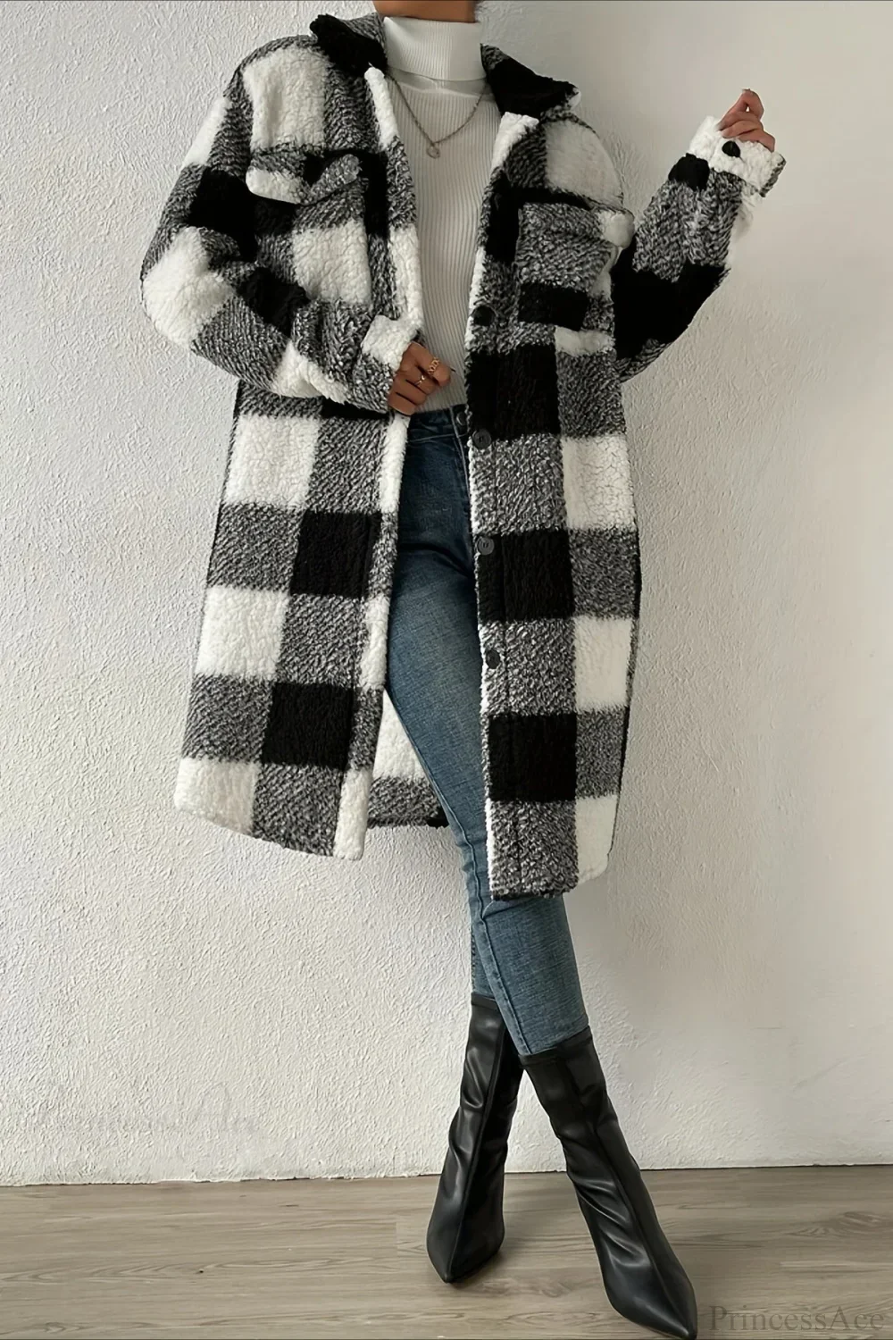 Plush Plaid Button Front Wide Lapel Relaxed Overcoat - Image 3
