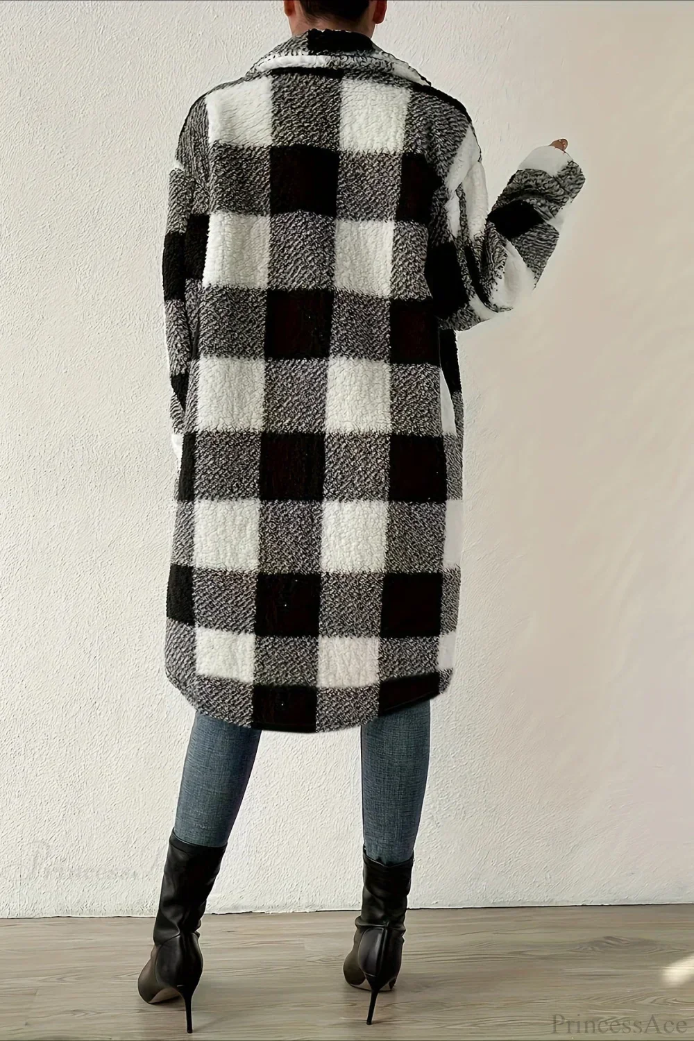 Plush Plaid Button Front Wide Lapel Relaxed Overcoat - Image 4