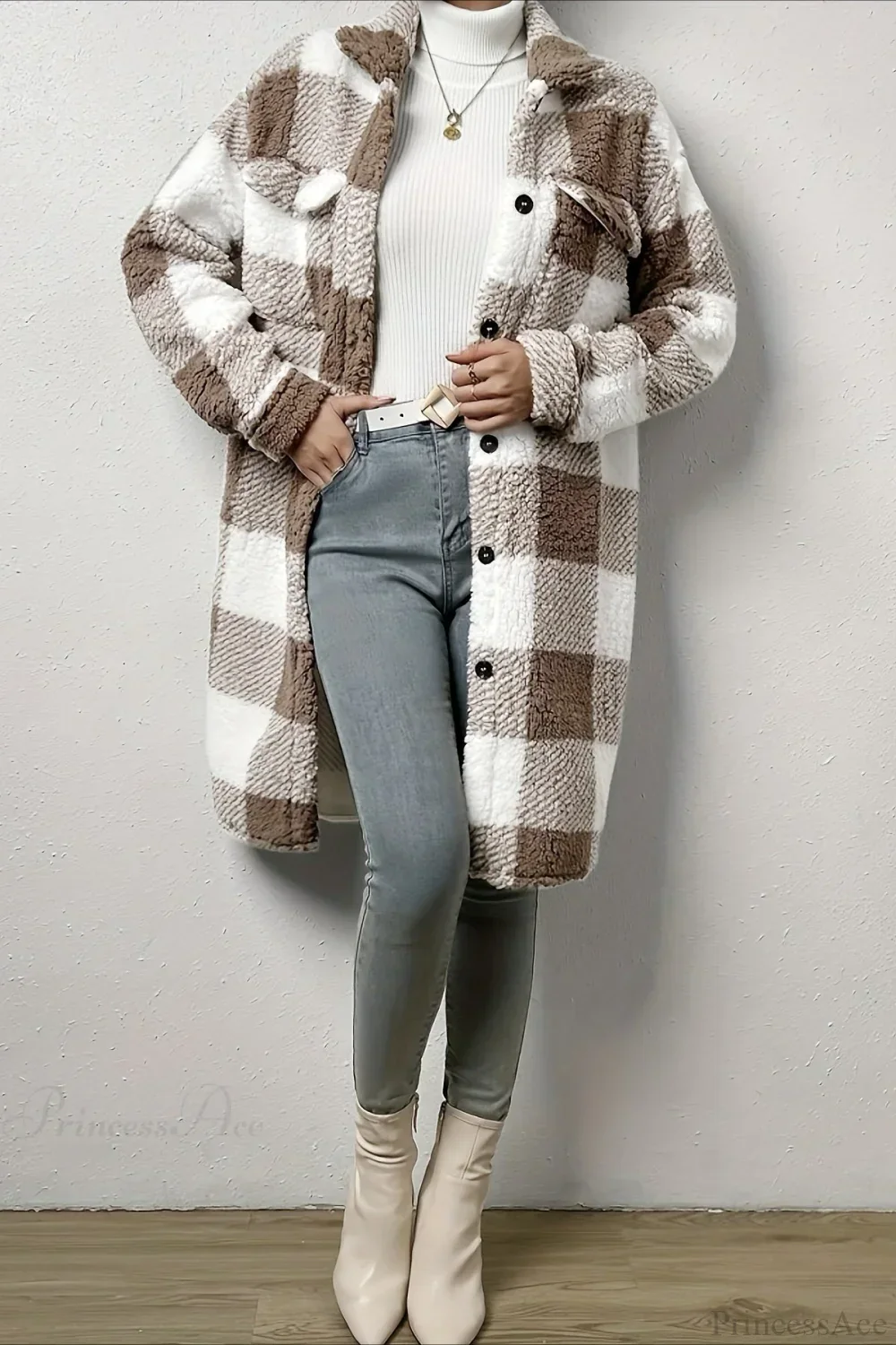Plush Plaid Button Front Wide Lapel Relaxed Overcoat - Image 5