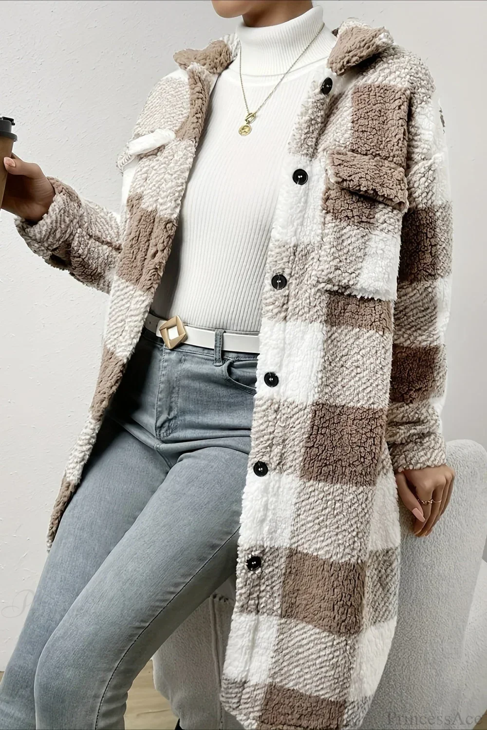 Plush Plaid Button Front Wide Lapel Relaxed Overcoat - Image 6