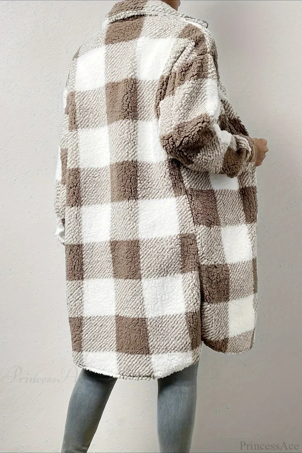 Plush Plaid Button Front Wide Lapel Relaxed Overcoat - Image 7