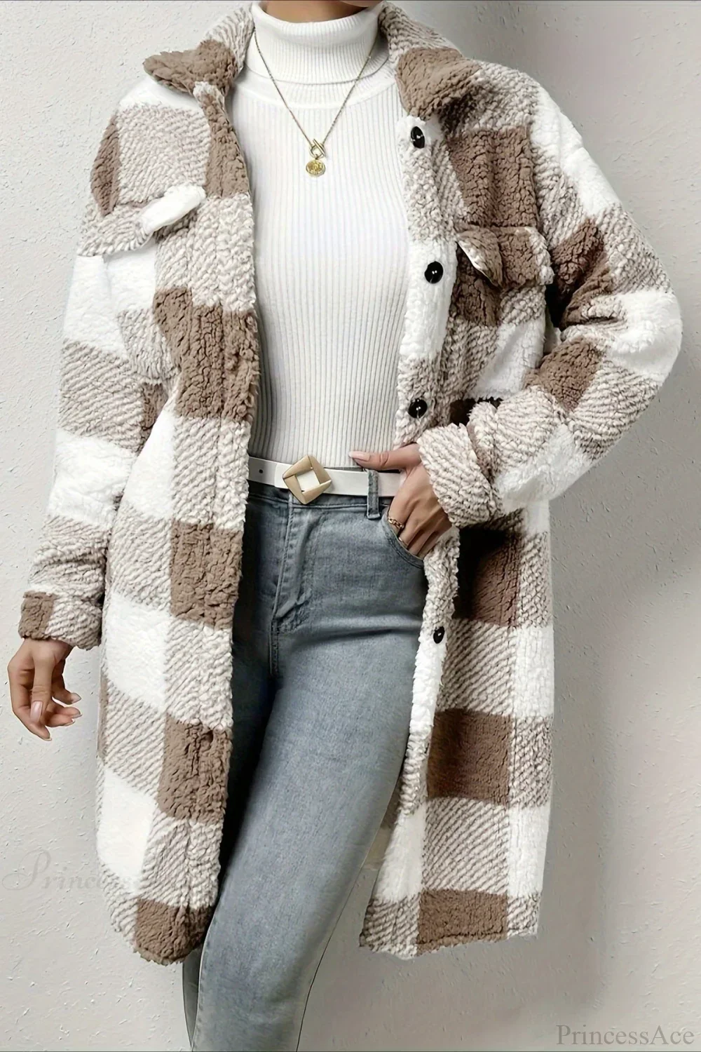 Plush Plaid Button Front Wide Lapel Relaxed Overcoat - Image 8