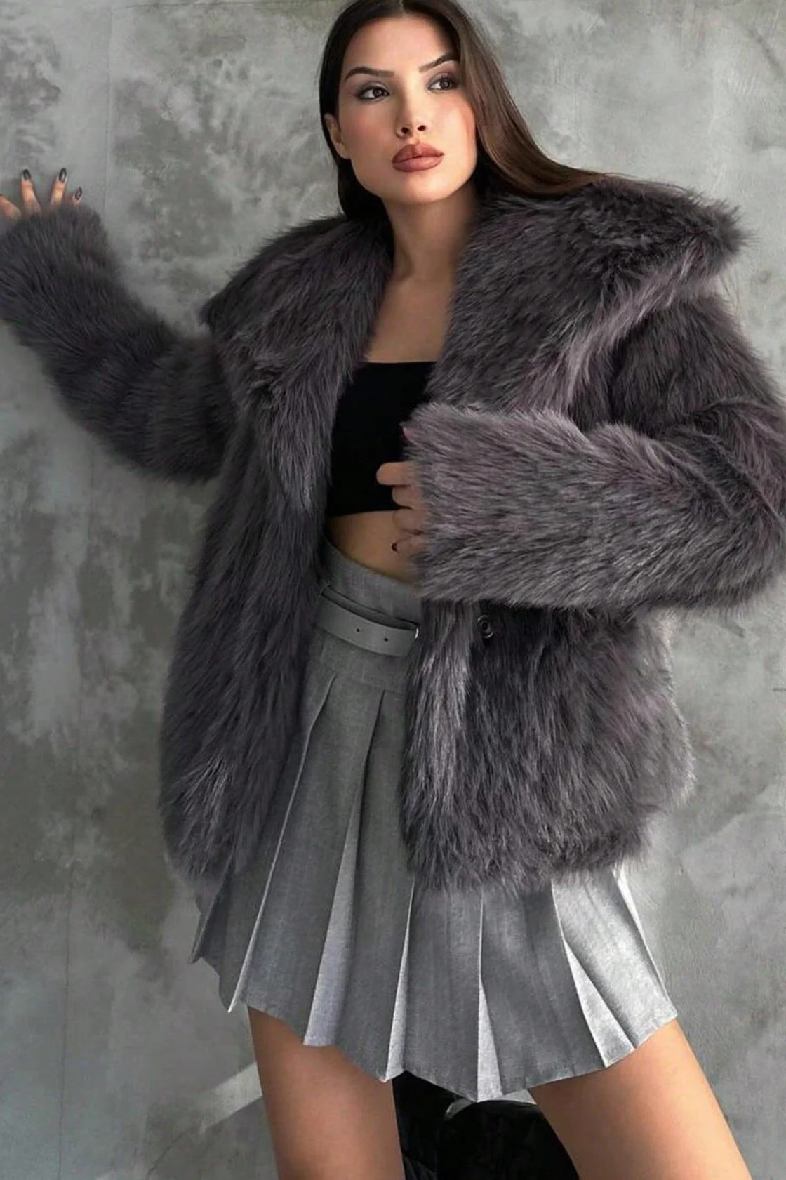 Plush Solid Color Faux Animal Fur Warm Notch Collar Coat - Image 10