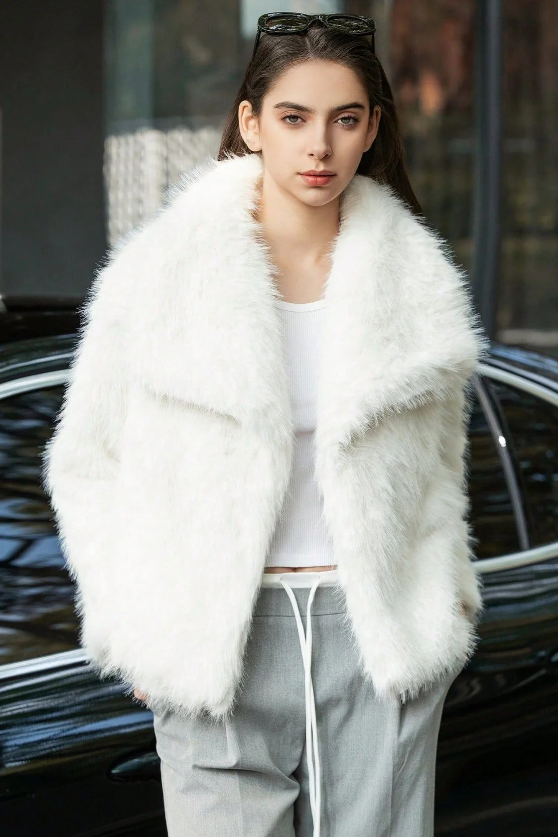 Plush Solid Color Faux Animal Fur Warm Notch Collar Coat - Image 14