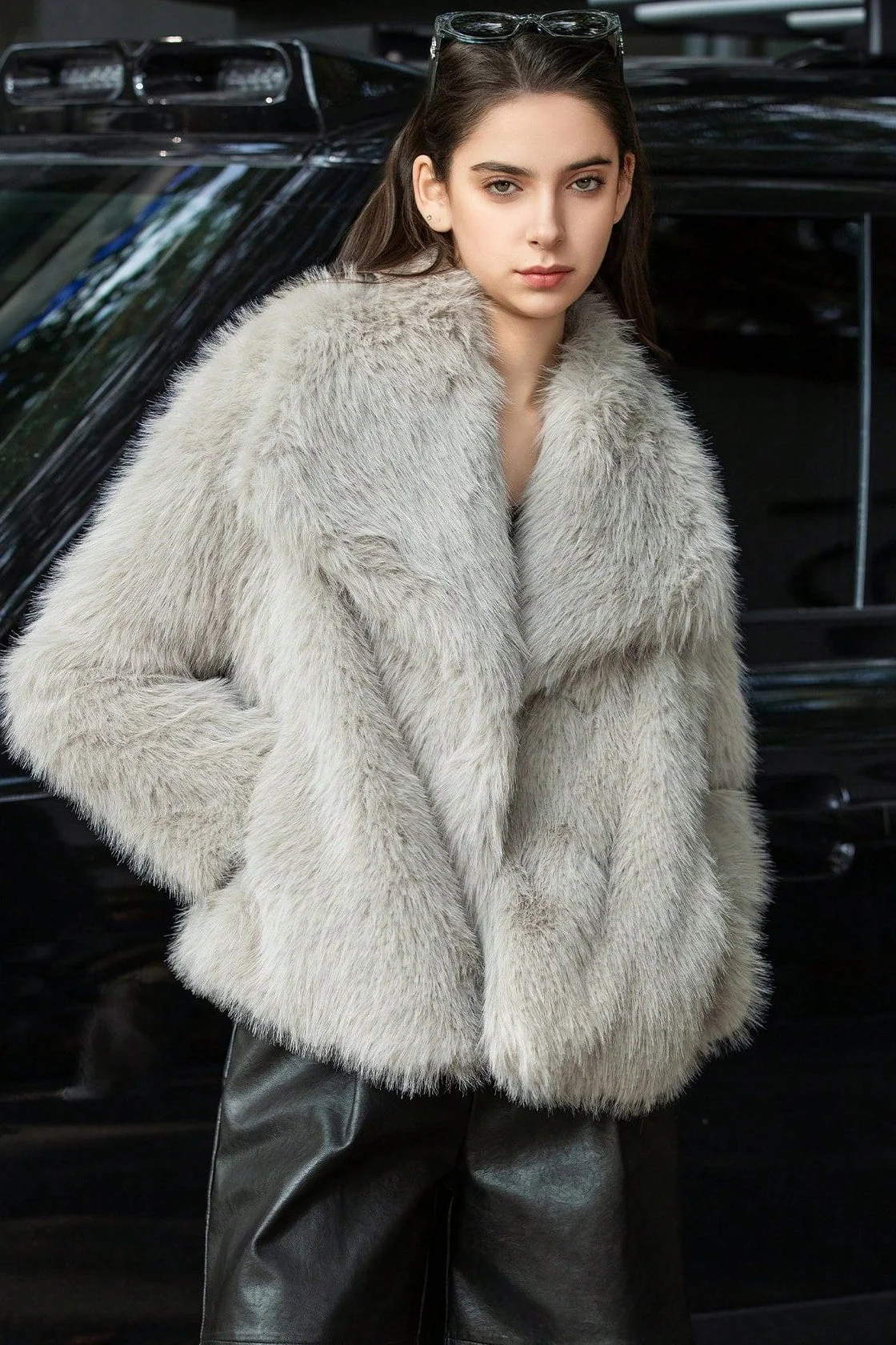 Plush Solid Color Faux Animal Fur Warm Notch Collar Coat - Image 6