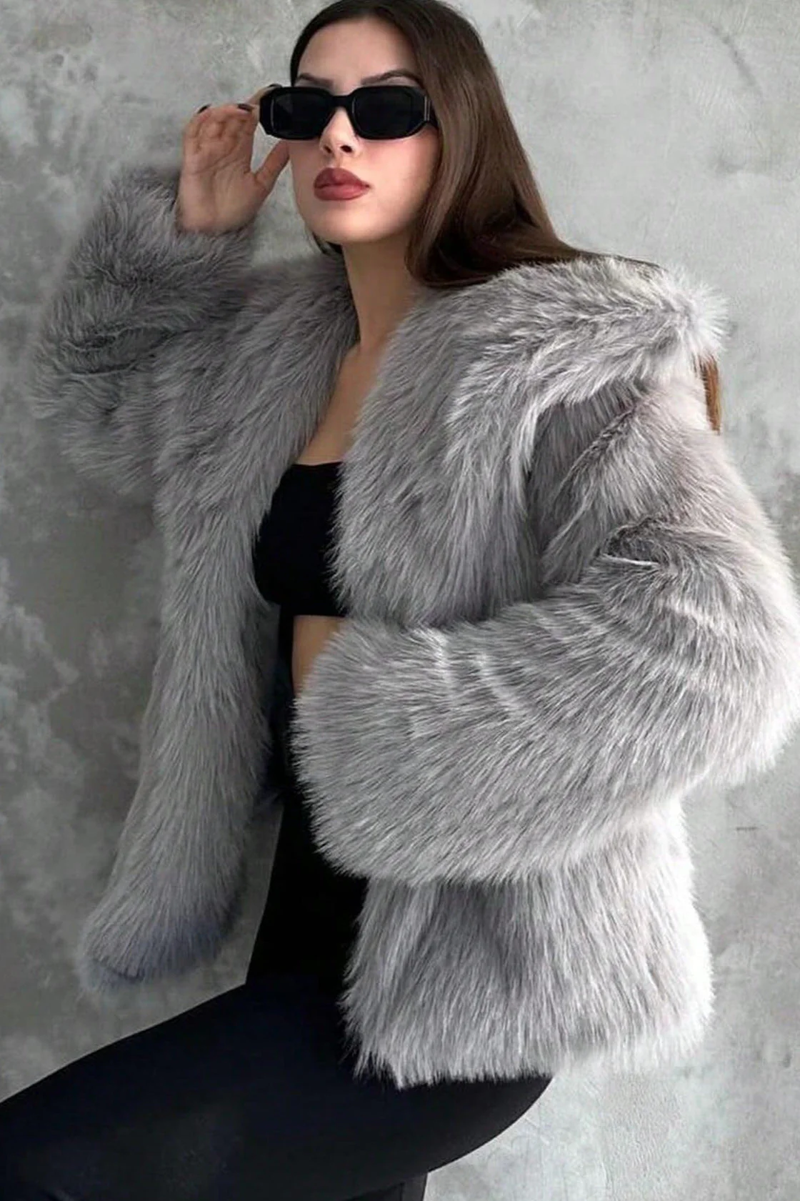 Plush Solid Color Faux Animal Fur Warm Notch Collar Coat - Image 8