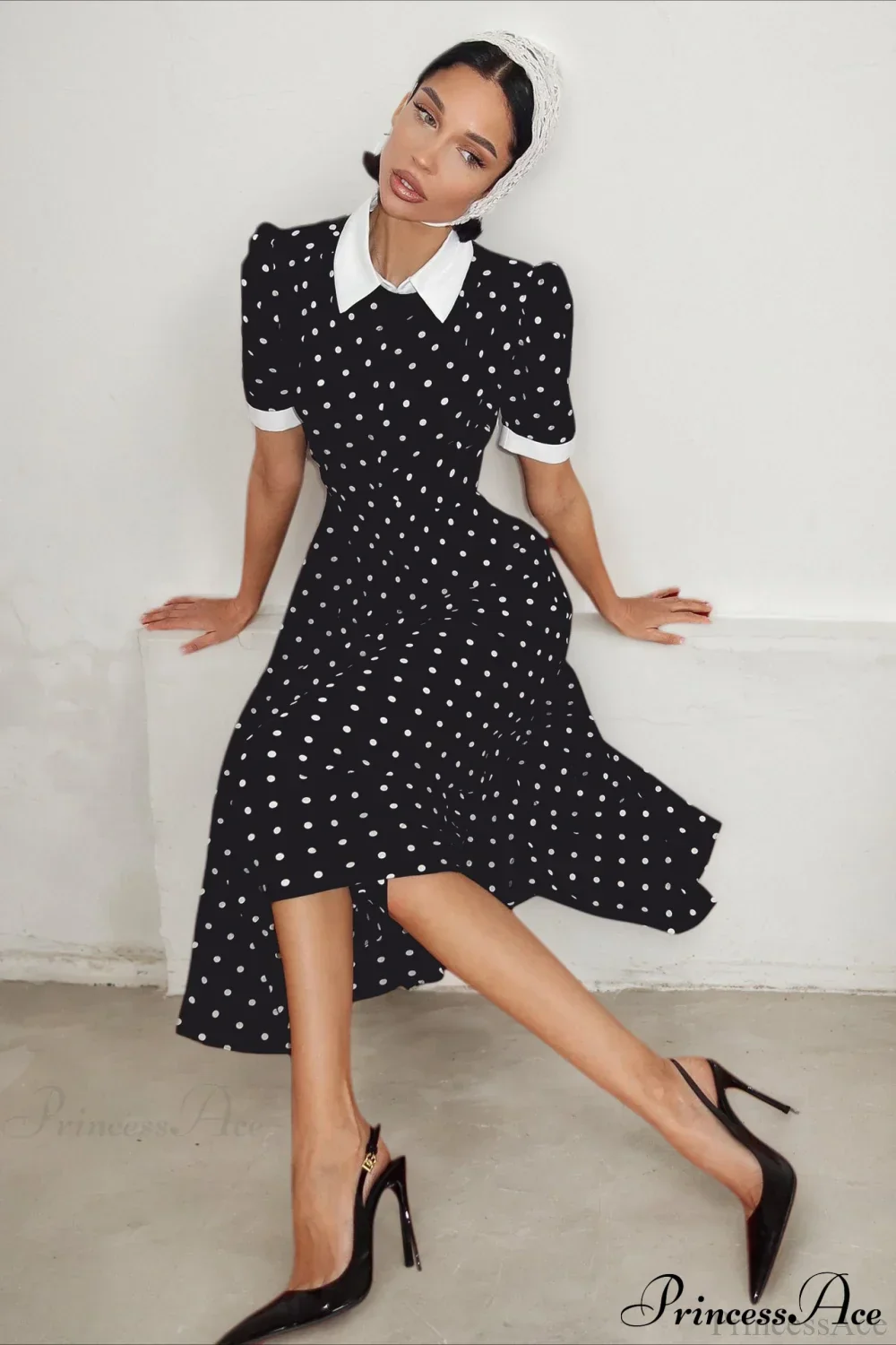 Polka Dot A Line Color Block Ruched Waist Maxi Dress - Image 3