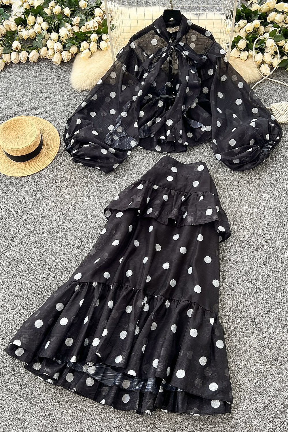 Polka Dot Blouse Mermaid Skirt Two Pieces Set - Image 4