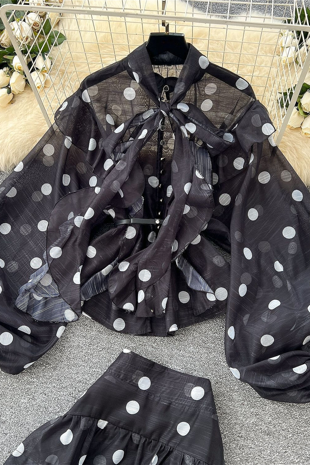 Polka Dot Blouse Mermaid Skirt Two Pieces Set - Image 5