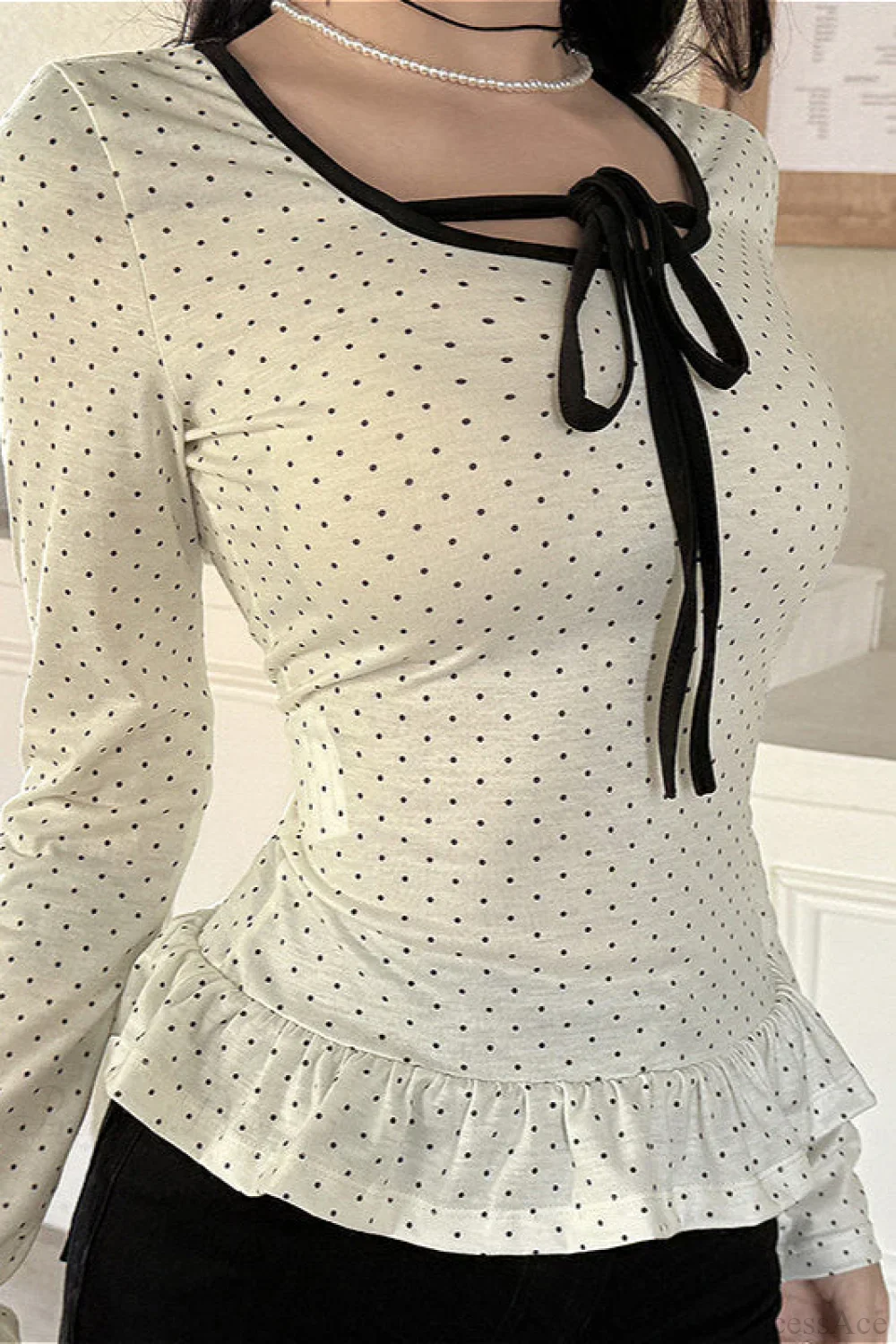 Polka Dot Bow Front Ruffle Fitted Long Sleeve Tee - Image 2