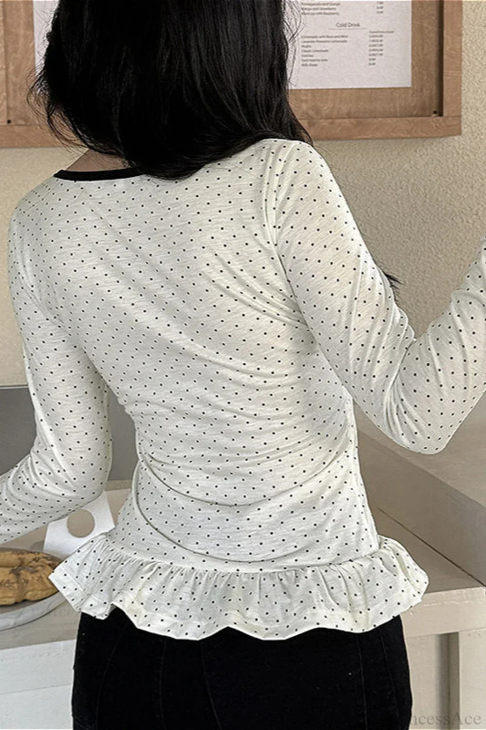 Polka Dot Bow Front Ruffle Fitted Long Sleeve Tee - Image 3