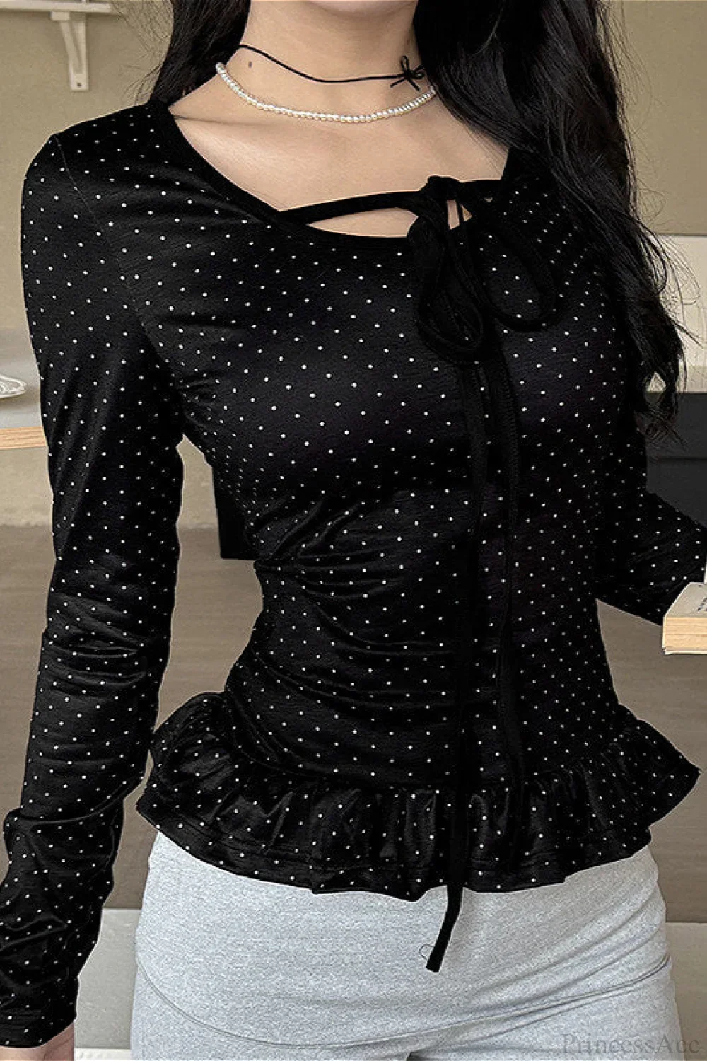 Polka Dot Bow Front Ruffle Fitted Long Sleeve Tee - Image 5