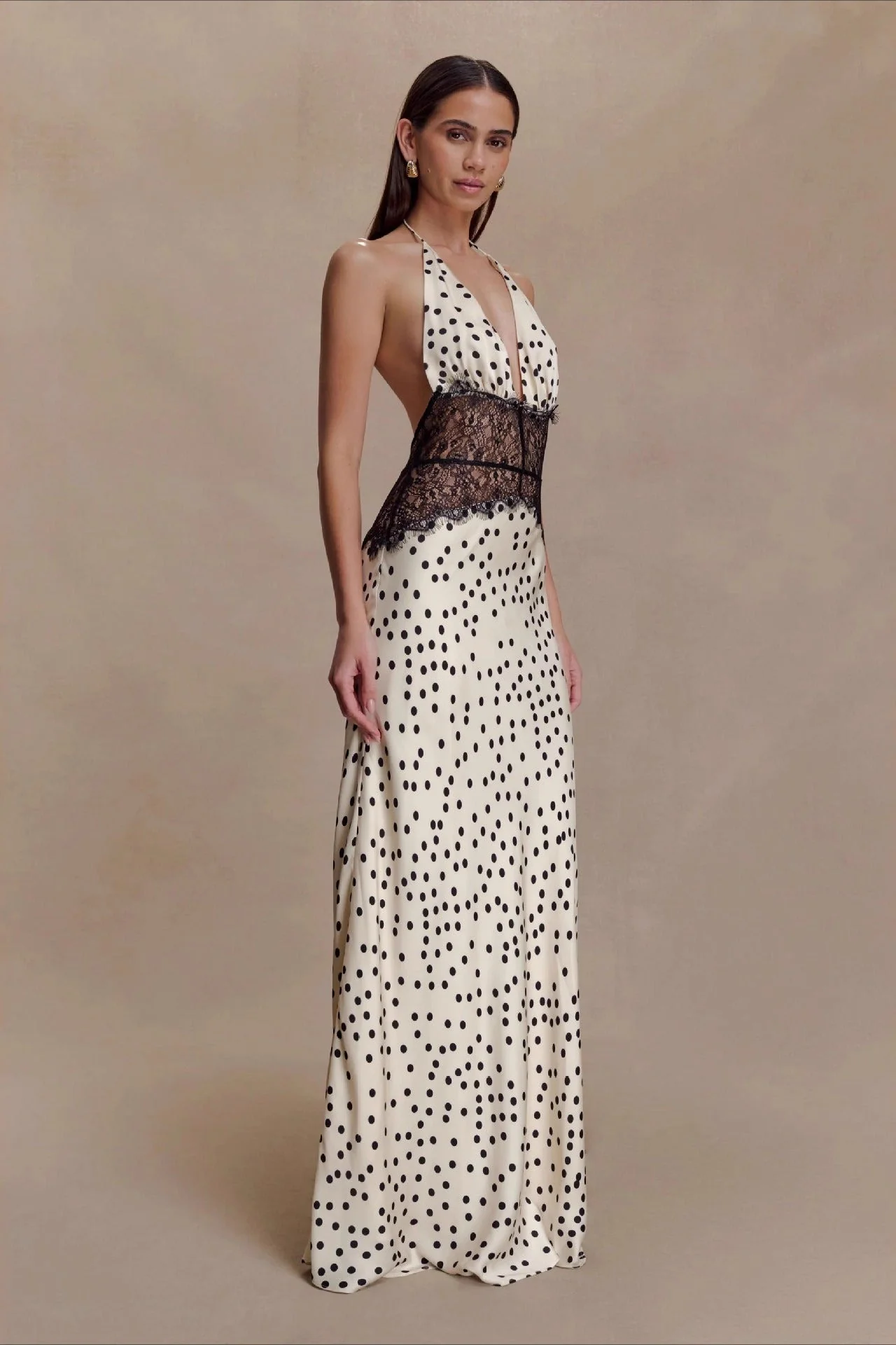 Polka Dot Lace Patchwork Deep V Backless Ruched Elegant Maxi Dress - Image 3