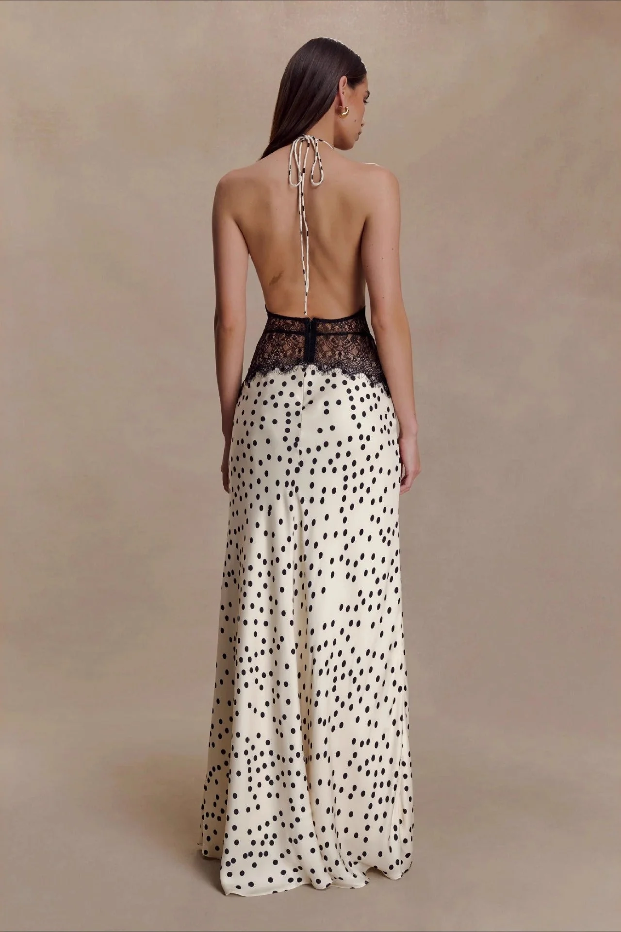 Polka Dot Lace Patchwork Deep V Backless Ruched Elegant Maxi Dress - Image 4