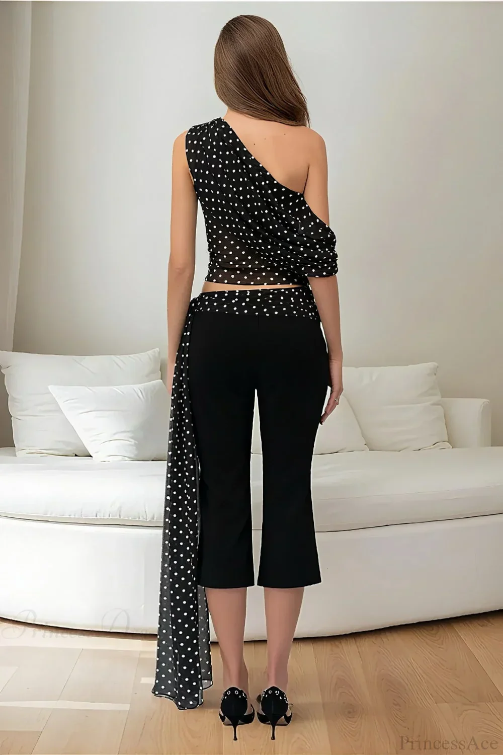 Polka Dot Off Shoulder Crop Top Two Pieces Set - Image 6