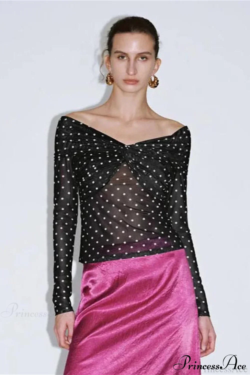 Polka Dot Off Shoulder Ruched Short Long Sleeve Tee - Image 2