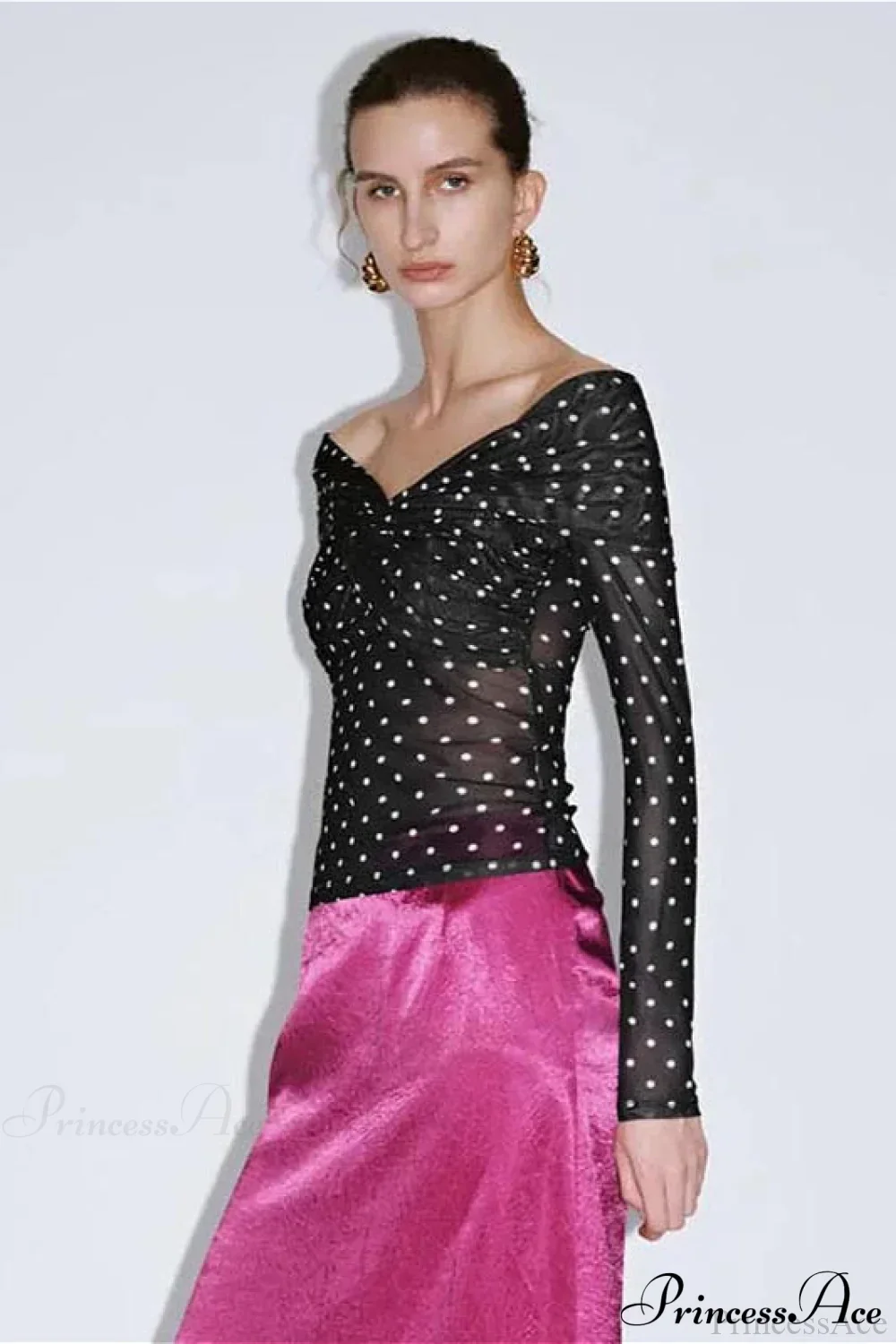 Polka Dot Off Shoulder Ruched Short Long Sleeve Tee - Image 3