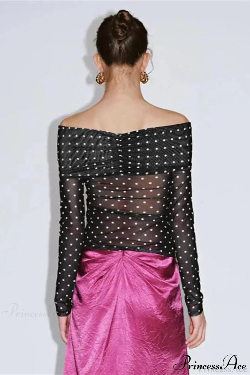 Polka Dot Off Shoulder Ruched Short Long Sleeve Tee - Image 4