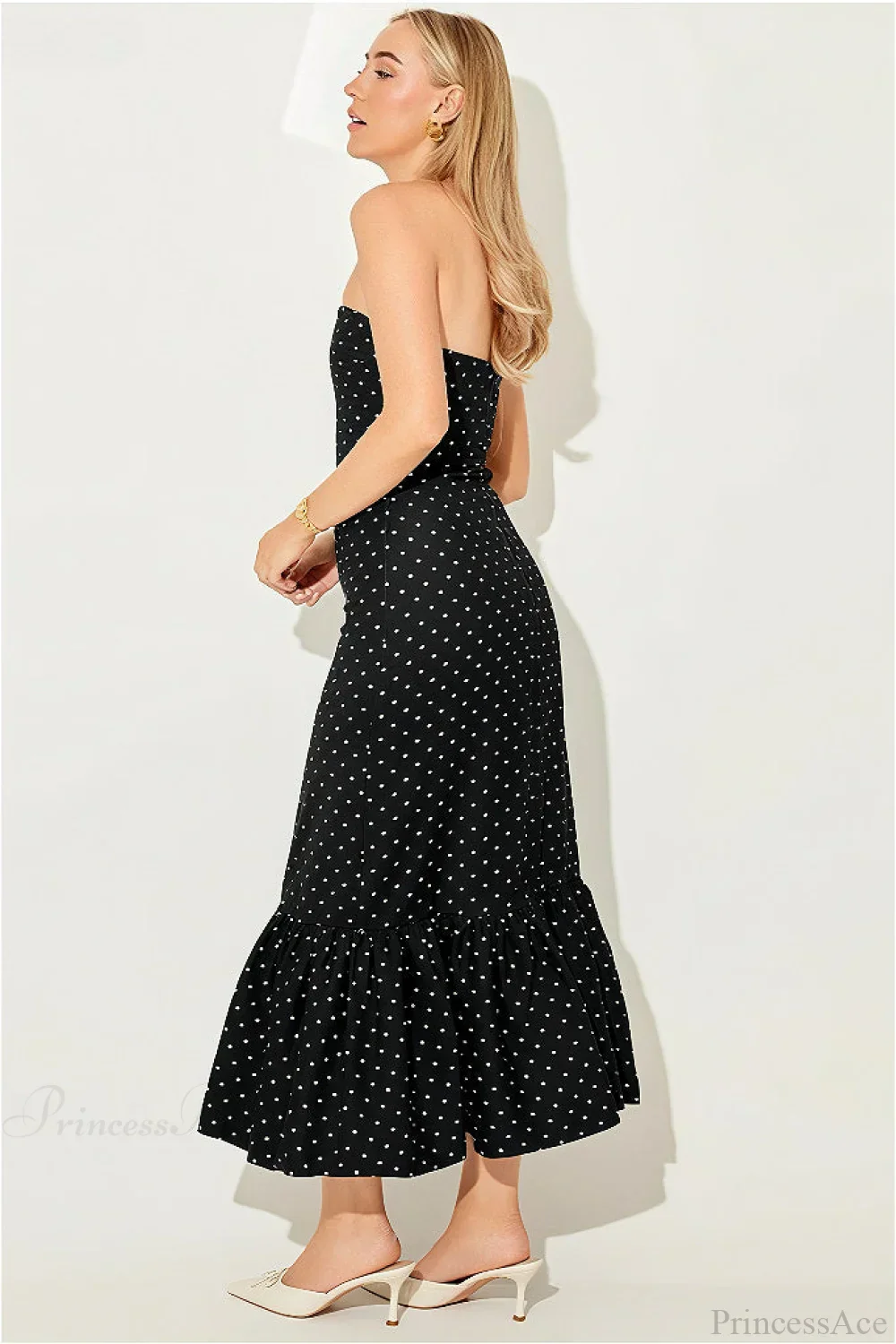 Polka Dot Off Shoulder Strapless Maxi Dress - Image 3