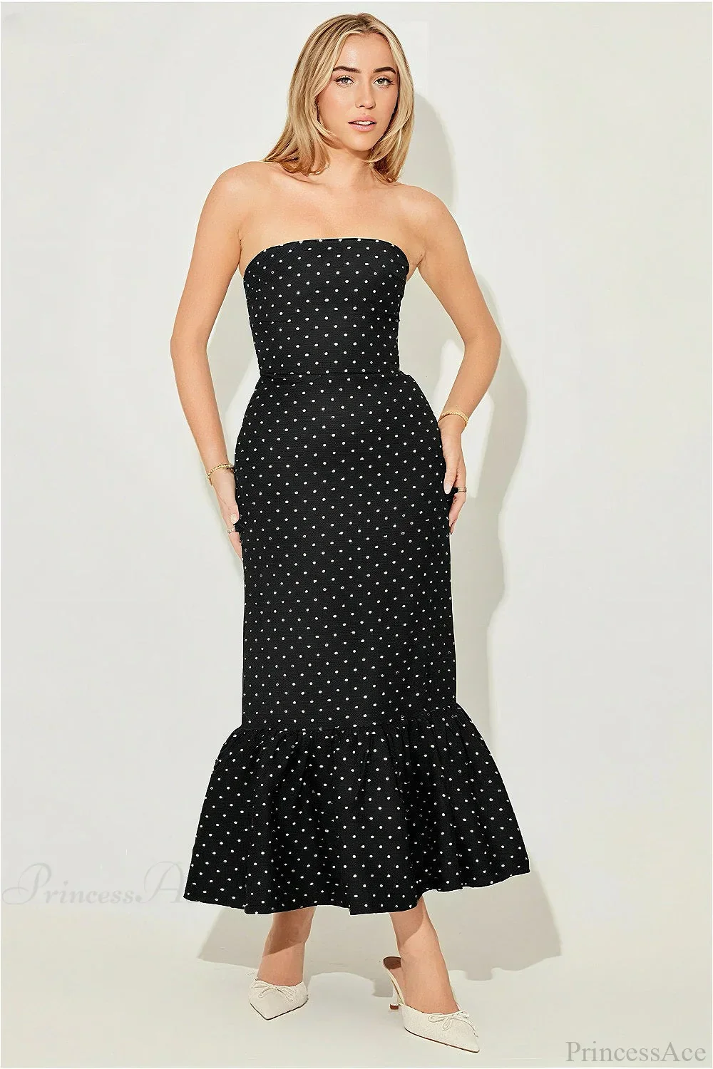 Polka Dot Off Shoulder Strapless Maxi Dress - Image 4