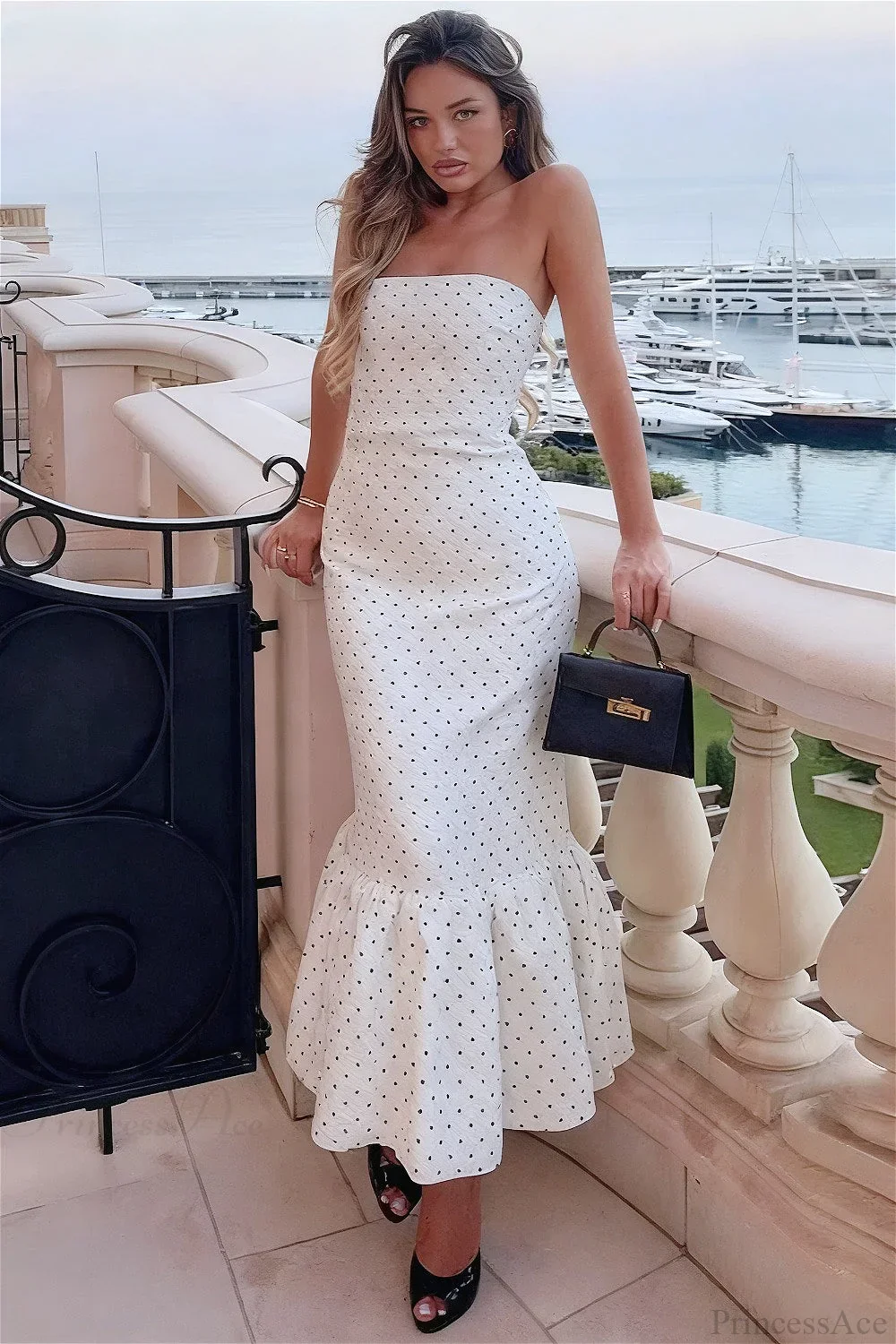 Polka Dot Off Shoulder Strapless Maxi Dress - Image 8